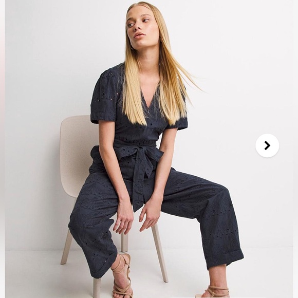 Whistles Zoe Broderie Jumpsuit Eyelet Self Tie Straight Leg Navy Blue Sz 2 NWT - Picture 3 of 8